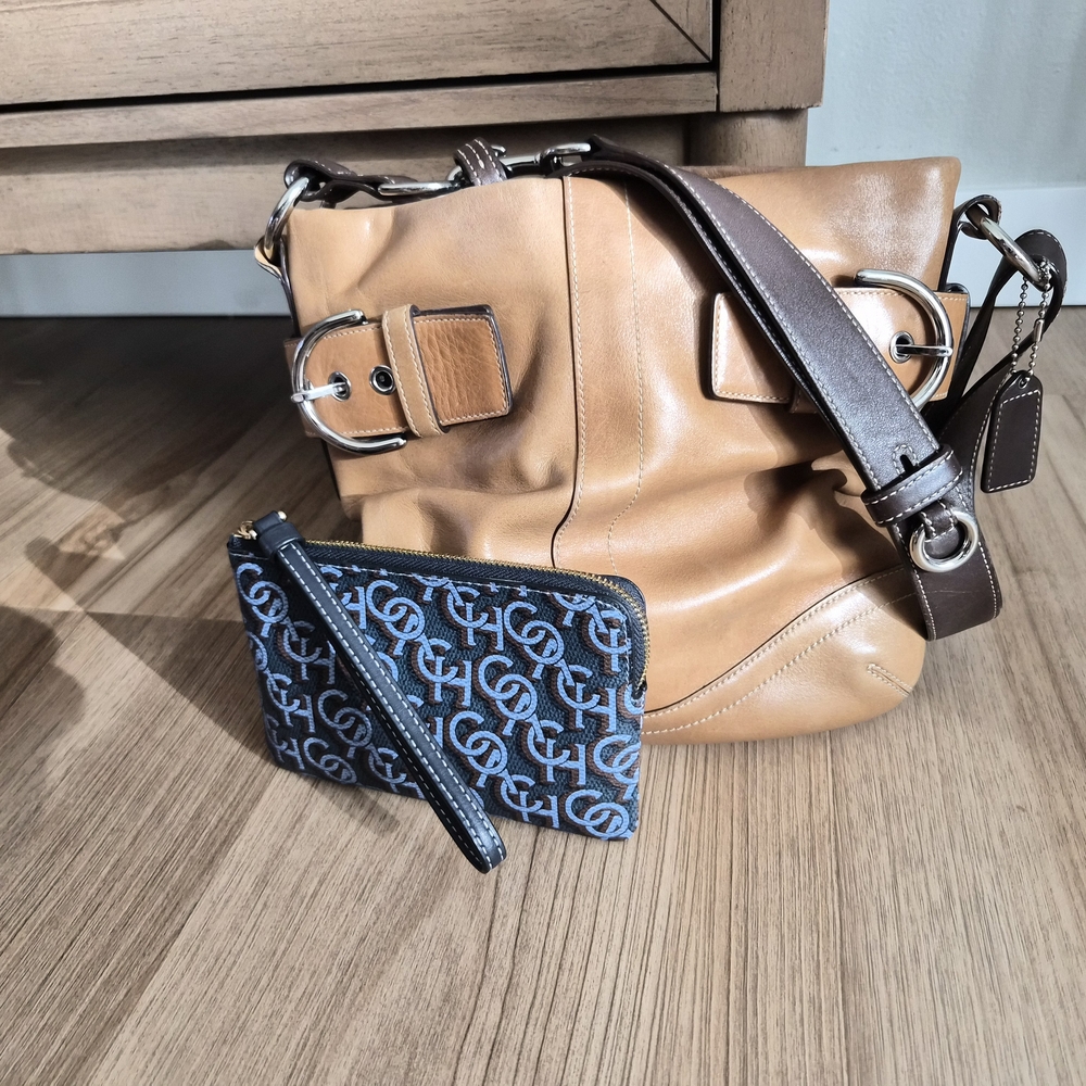 Coach Tan and Brown Leather Bag with Blue Monogram Pouch
